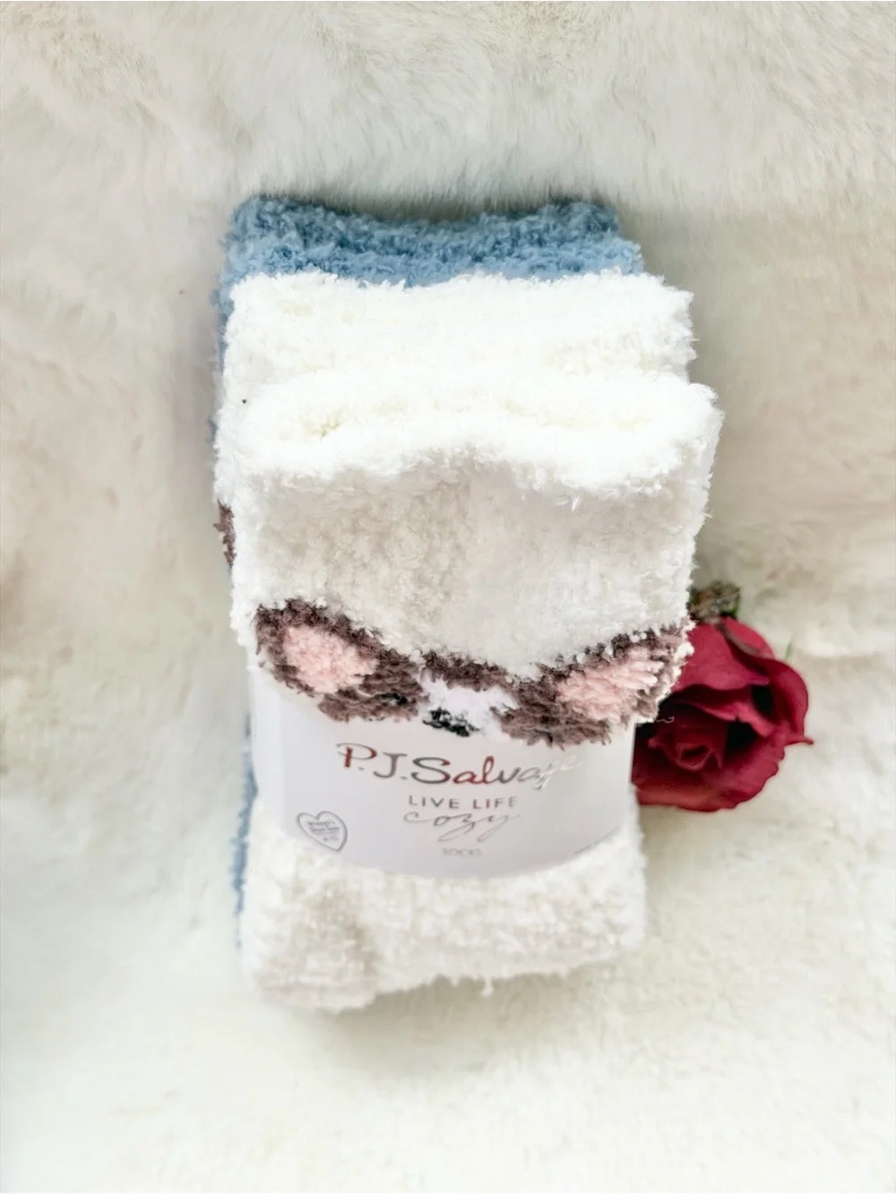 2 pack  P.J. Salvage Plush Dog Face  Cozy Socks Cream, Brown & 1 blue w/cream